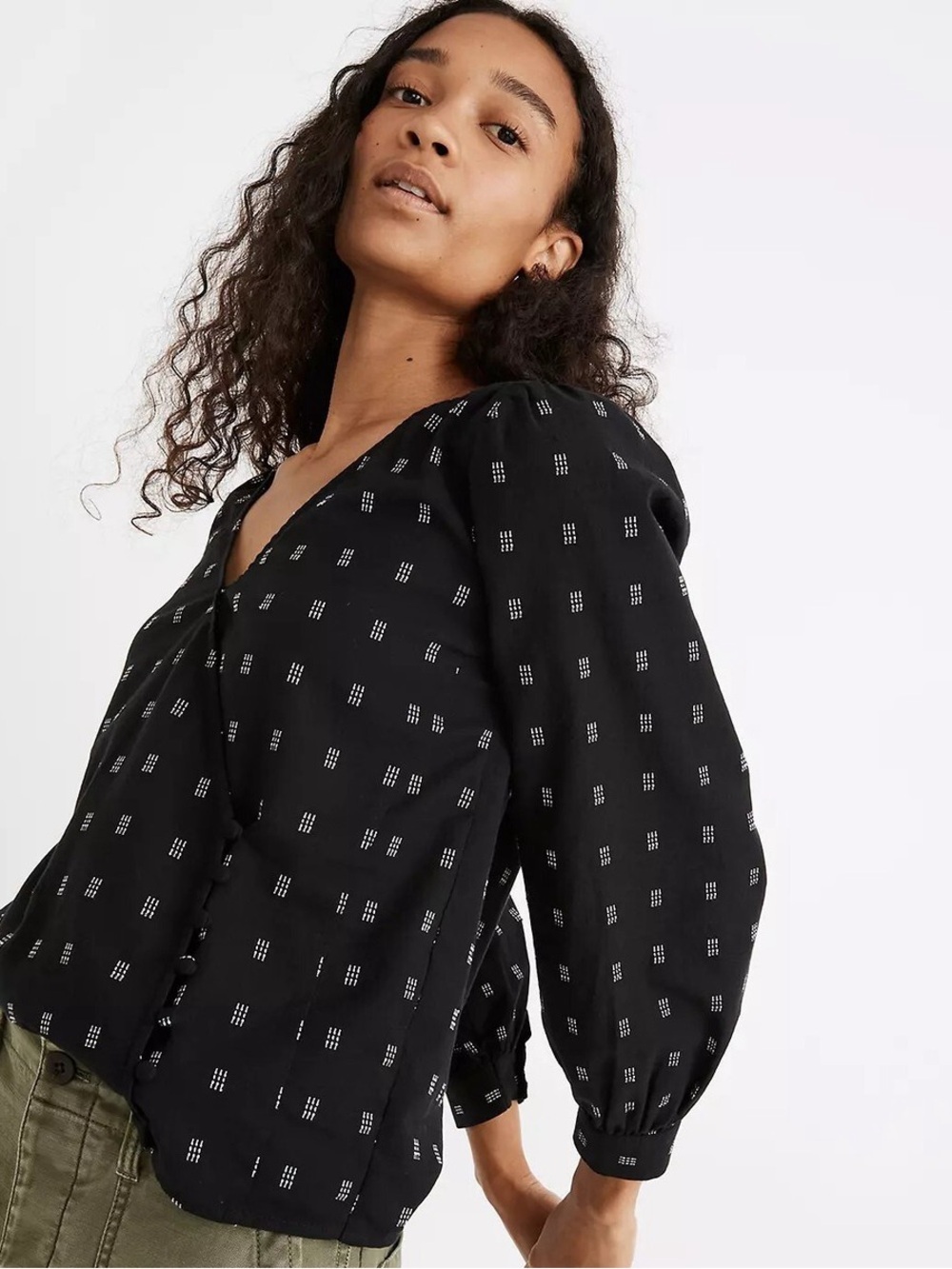 Madewell Black Printed Long-Sleeve Wrap Blouse Small